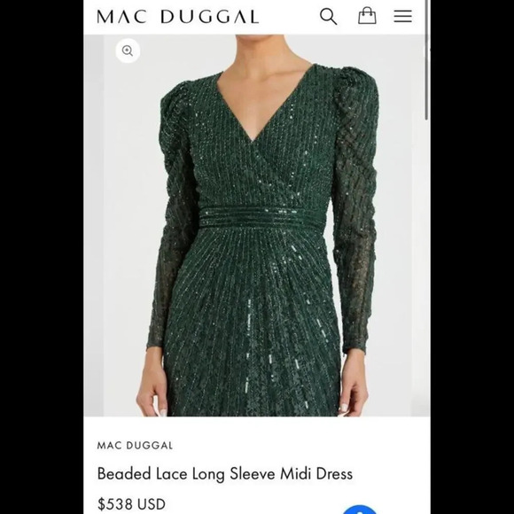 Mac Duggal Long Sleeve Beaded Lace Sequin Green Midi Cocktail Dress Sz 4 NWT - Picture 4 of 16